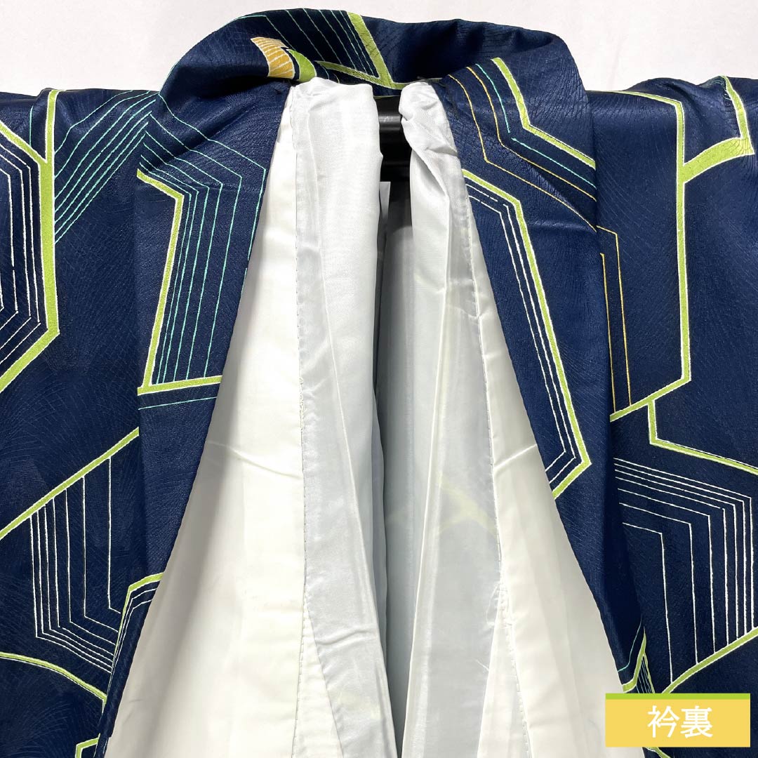 Komon (small pattern) polyester kimono, A rank, length 162.5cm, sleeve length 65cm, lined, navy blue (kon-iro) with geometric patterns, washable, navy blue, 1115007403418