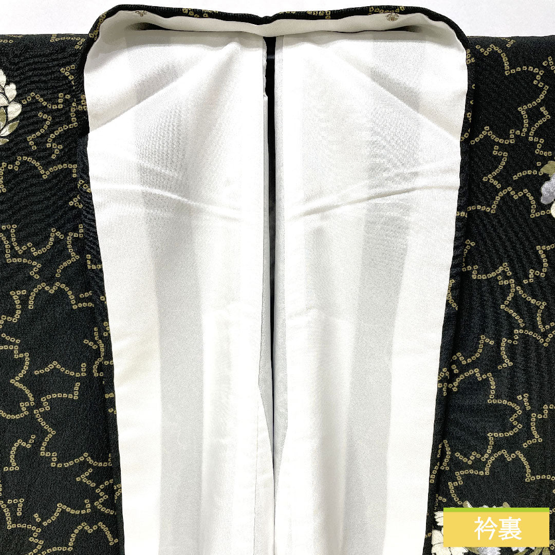 Small pattern, polyester, length 166.5cm, sleeve length 67cm, lined, washable kimono, cherry blossom, floral pattern, S rank, black, 1115004952510