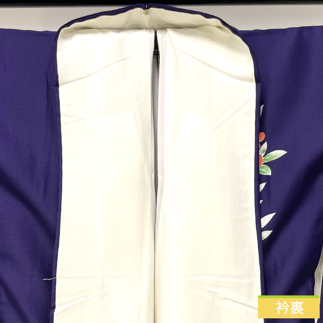 Homongi (formal kimono) made of polyester, lined, length 155.5cm, sleeve length 64.5cm, dark blue, washable, floral pattern, tsukesage, A rank, purple, 1112004233320