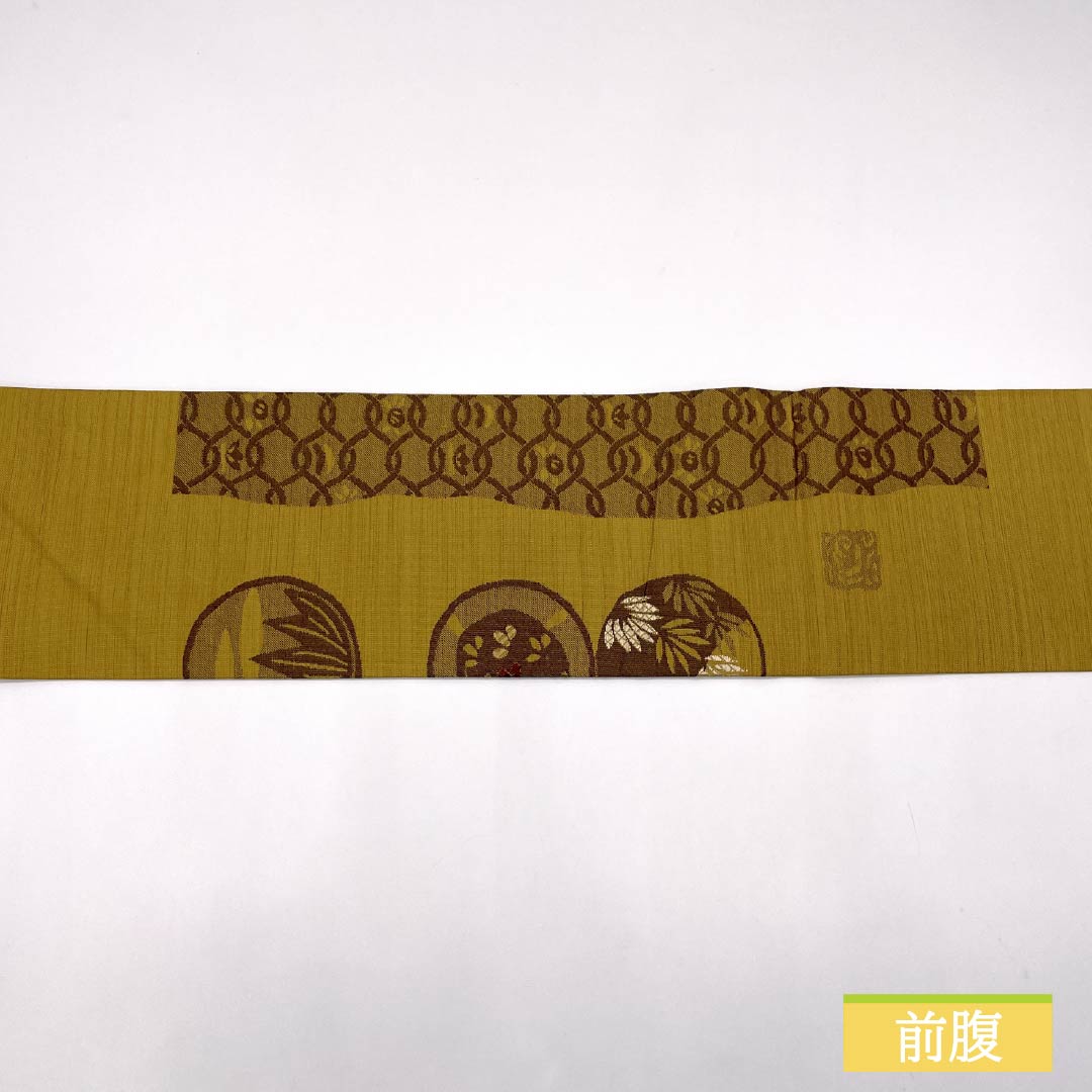 名古屋帯 黄土色(おうどいろ) 丸紋 松 帯丈371cm 正絹 Sランク ポイント柄 カジュアル 黄系 1124008002323 名古屋仕立て