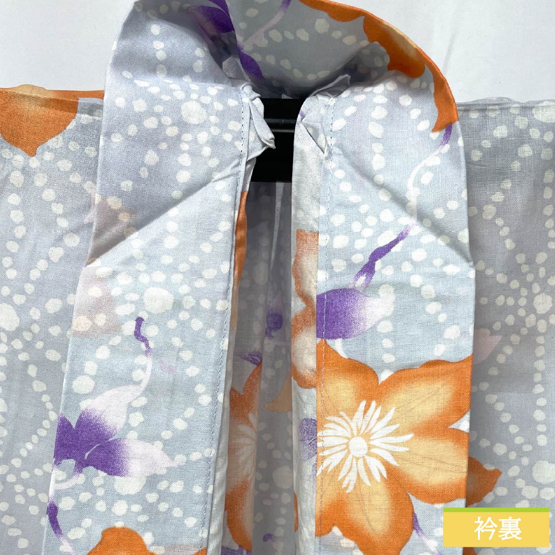 Cotton Yukata, Length 164.5cm, Sleeve Length 67.5cm, S Rank, Single Layer, Grayish, Hakudo-iro (White Copper Color), Hemp Leaf Flower Design, 1118006522422