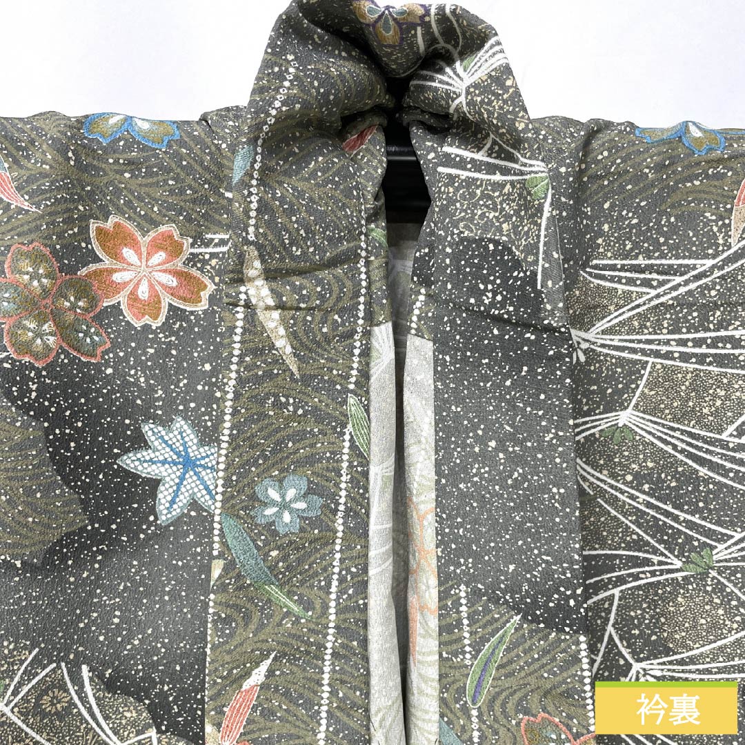 Komon (small pattern) kimono, polyester, length 156cm, sleeve length 66cm, single-layer, lead-colored (namari-iro) kimono, classic pattern, washable, S rank, gray, product number 1115005912322