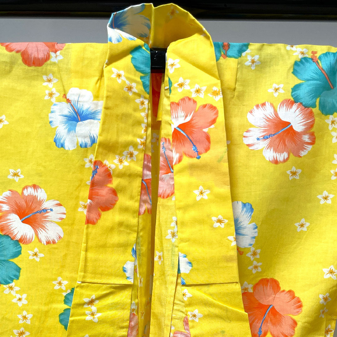 Yukata with basting thread, unused, sunflower color, hibiscus, cotton, S rank, single layer, length 164cm, sleeve length 64.5cm, yellow, 1118002732423