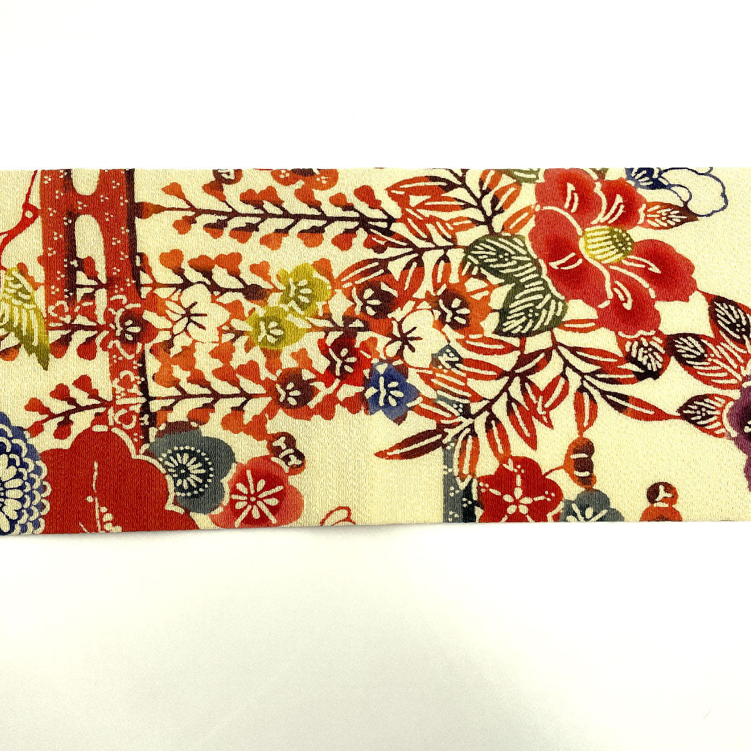 名古屋帯 京紅型 染め帯 縮緬 草花模様 帯丈395.5cm 正絹 Aランク 六通 カジュアル クリーム系 1124001963315 名古屋仕立て