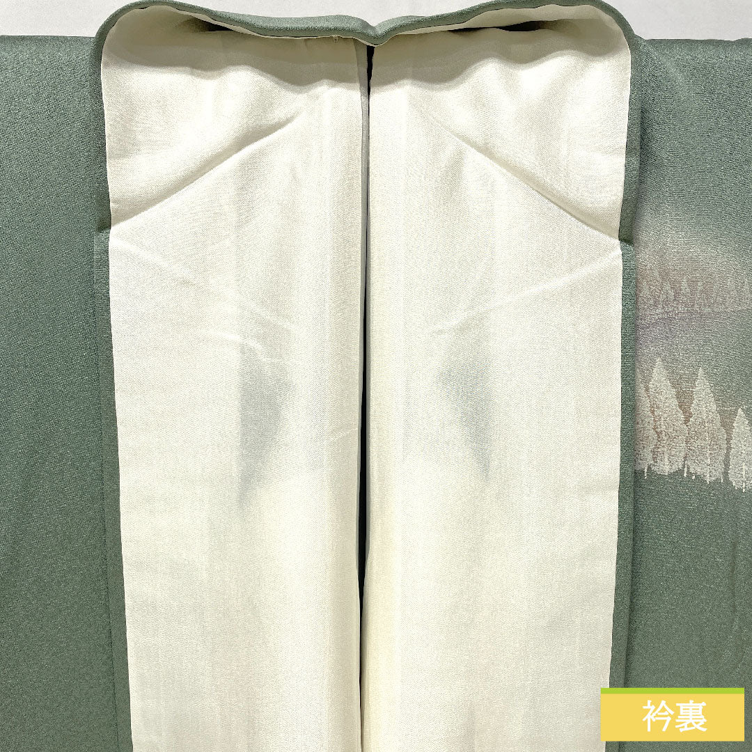 Homongi, pure silk, lined, length 162.5cm, sleeve length 65cm, leaf color on the back, landscape pattern, A rank, green, 1112005853419