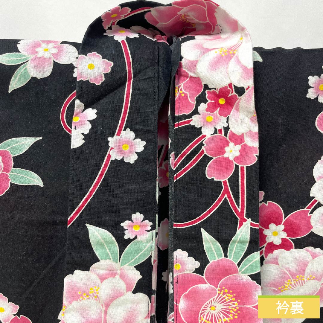 Cotton Yukata, Length 151cm, Sleeve Length 62cm, A Rank, Single Layer, Black, Camellia Pattern, 1118005963210