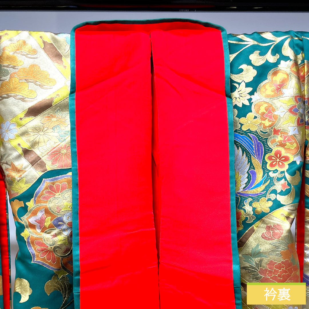 Colored uchikake, pure silk, length 196cm, sleeve length 68.5cm, gold leaf finish, phoenix, cloisonne, floral pattern, auspicious motif, S rank, lined, green, 1110000692919