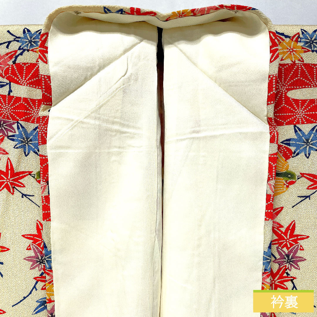 訪問着 正絹 袷 身丈158.5cm 裄丈65cm 密陀僧色(みつだそういろ) 京紅型 紅葉 鳥 Aランク クリーム系 1112005943315
