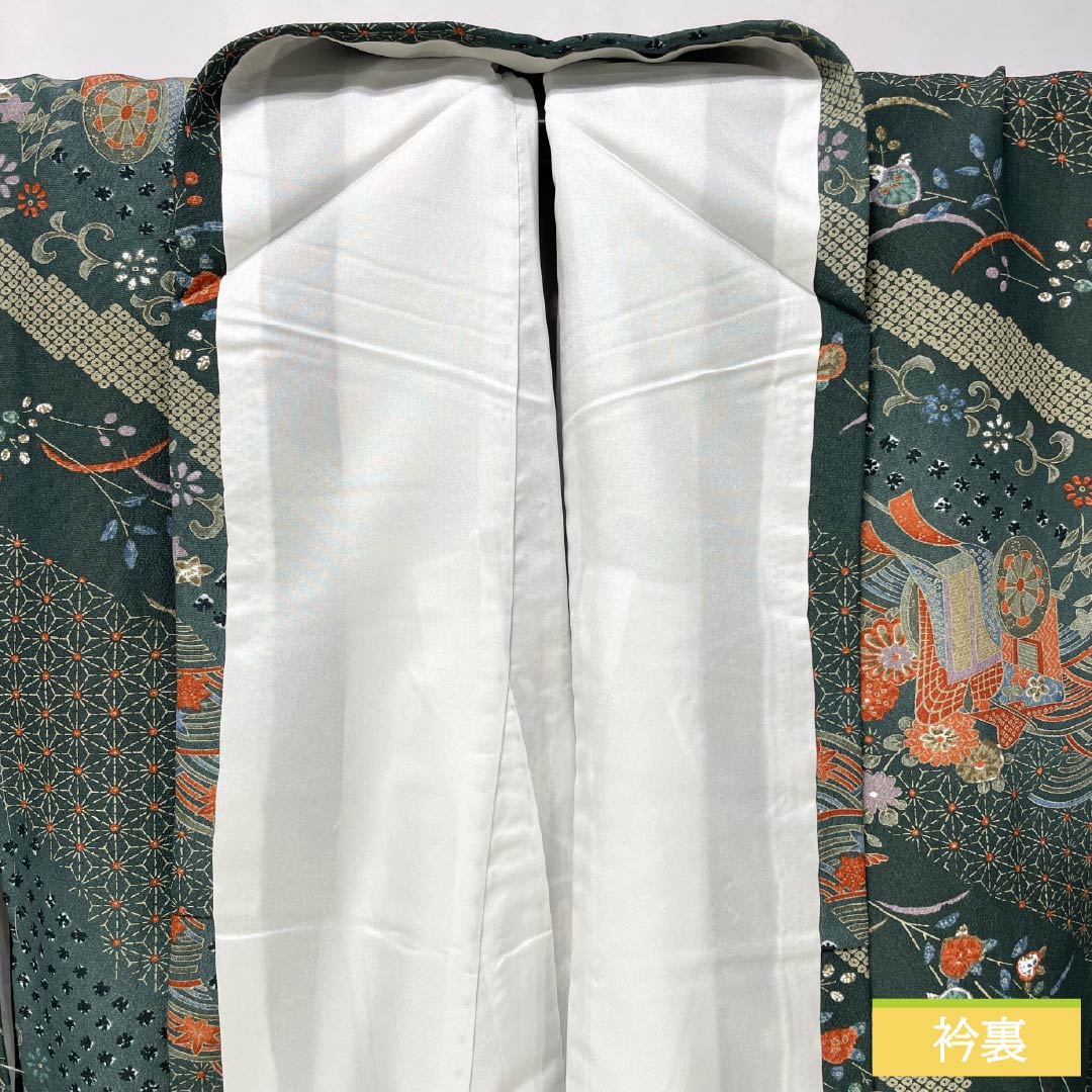 Small-patterned kimono, polyester, S rank, length 161cm, sleeve length 64.5cm, lined, iron-colored (Tetsuiro) and iron-colored (Tetsuonandoiro) with a Goshoguruma (imperial carriage) and flower motif, washable, green, 1115007562419