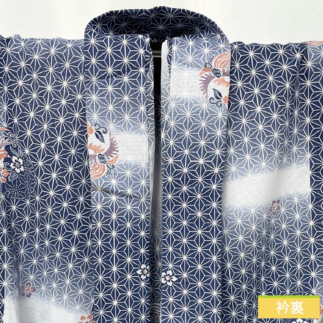 Summer kimono, polyester, small pattern, length 149cm, sleeve length 62cm, iron grape color (tebutsubudouiro), hemp leaf pattern, classic, washable, ro, rank A, navy blue, product number 1132002633118