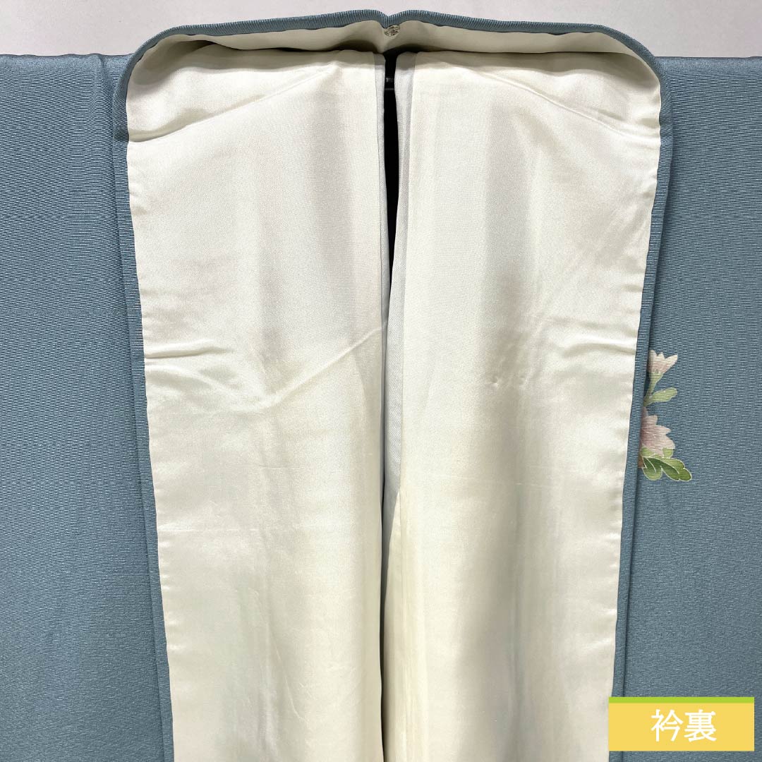訪問着 正絹 Sランク 袷 身丈155.5cm 裄丈63cm 砧青磁色(きぬたせいじいろ) 加賀友禅 南克治 付下げ 花籠 しつけ糸付き 水色系 1112007312324