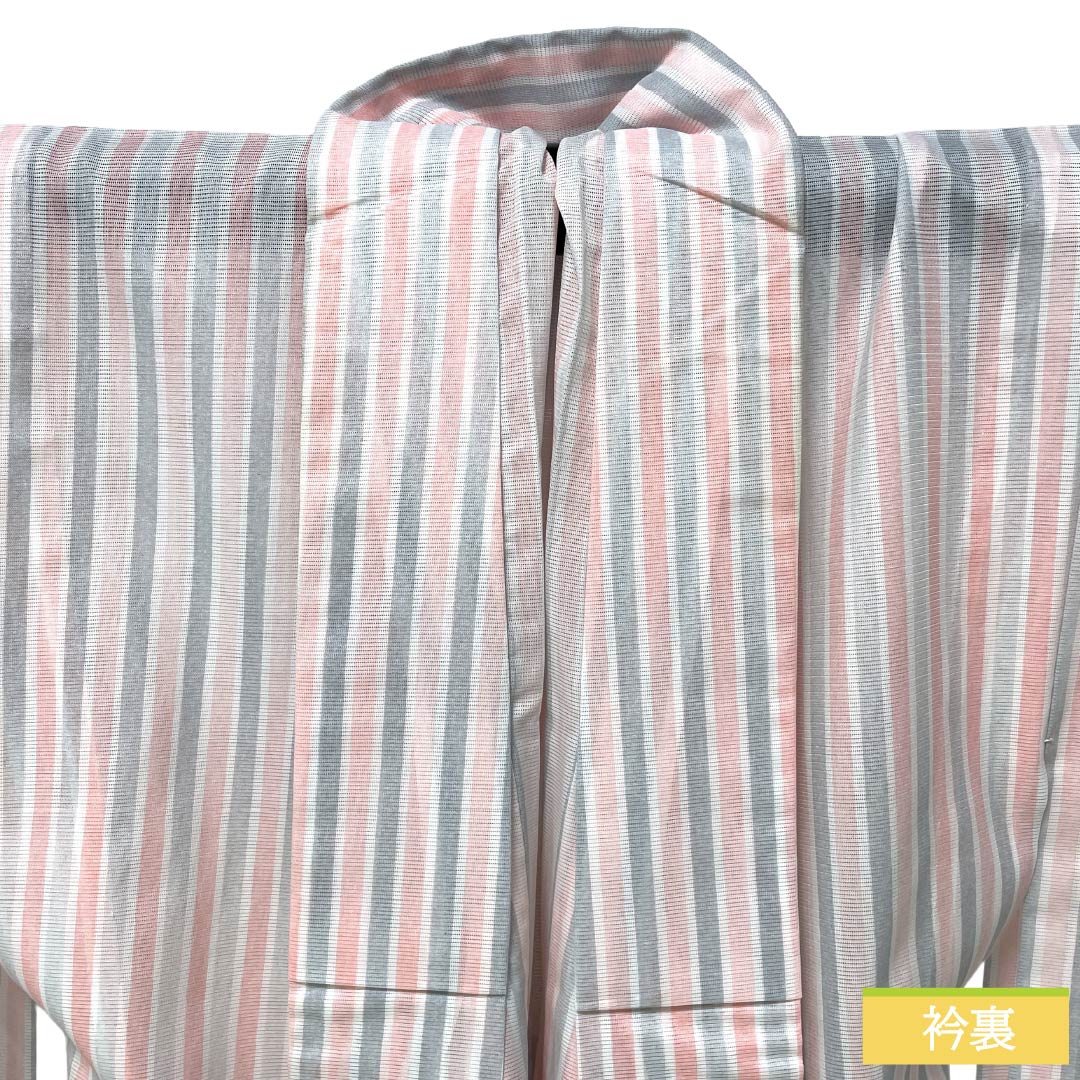 夏物 ポリエステル 小紋 Aランク 身丈156cm 裄丈62.5cm 曙色(あけぼのいろ) 白銅色(はくどういろ) 縞ぼかし 洗える着物 絽 マルチカラー 1132003383328