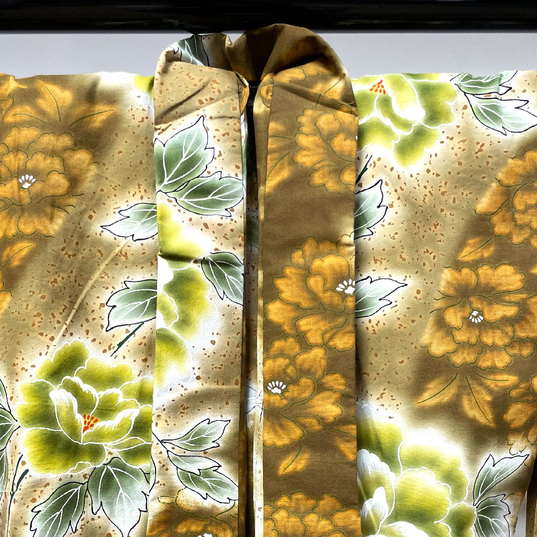 Yukata with basting thread, unused, chestnut color, peony, cotton, S rank, single layer, length 158.5cm, sleeve length 63.5cm, brown, 1118002702314
