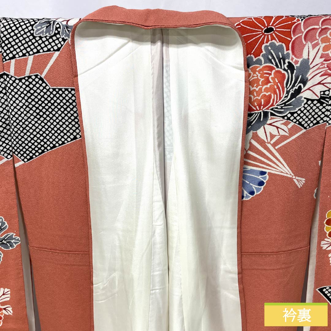 振袖 正絹 Sランク 身丈165.5cm 裄丈67cm 袷 中紅色(なかべにいろ) 京紅型 吉祥文様 ちりめん地 ピンク系 1113002472513