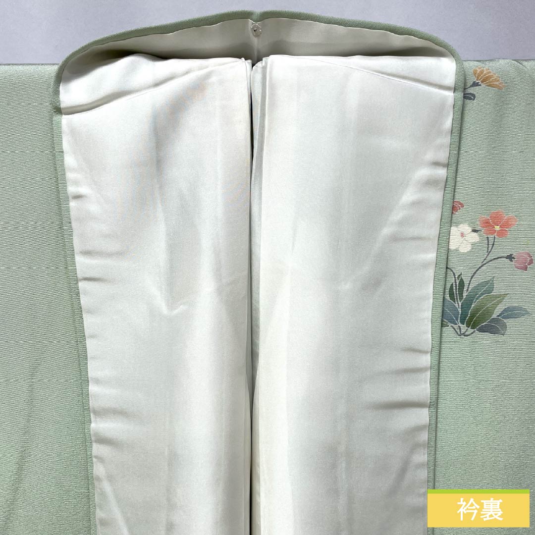Visiting Kimono, Pure Silk, Grade B, Lined, Length 165cm, Sleeve Length 65.5cm, Light Green, Floral Design, Artist: Shuichi, Included Basting Thread, Green, Product Number: 1112006974519