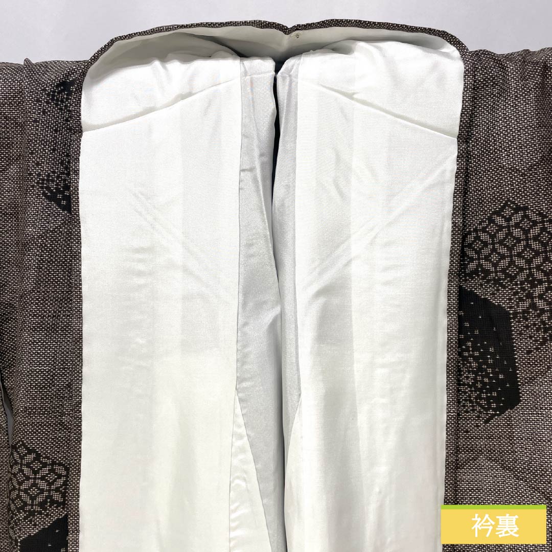 Tsumugi Silk S Rank, Length 160cm, Sleeve-to-sleeve 69.5cm, Fushi-iro (brownish gray), Oshima Tsumugi, Ichigen-gasuri, 7-mark, Awase, Brown tones, 1116004862414