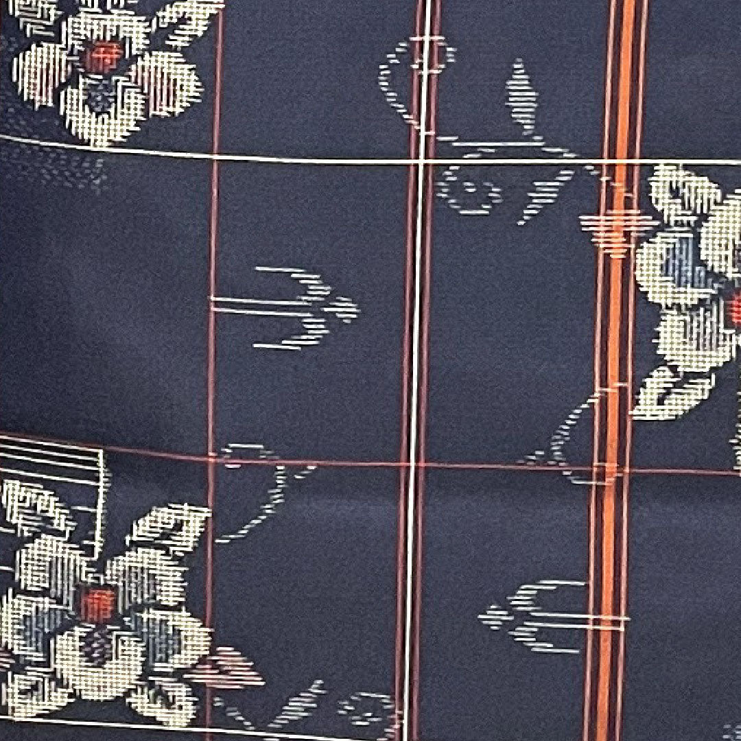 Murayama Oshima Length 160cm Sleeve length 64.5cm Ensemble Lattice Flower pattern Pure silk S rank Awase Navy 1116001932418