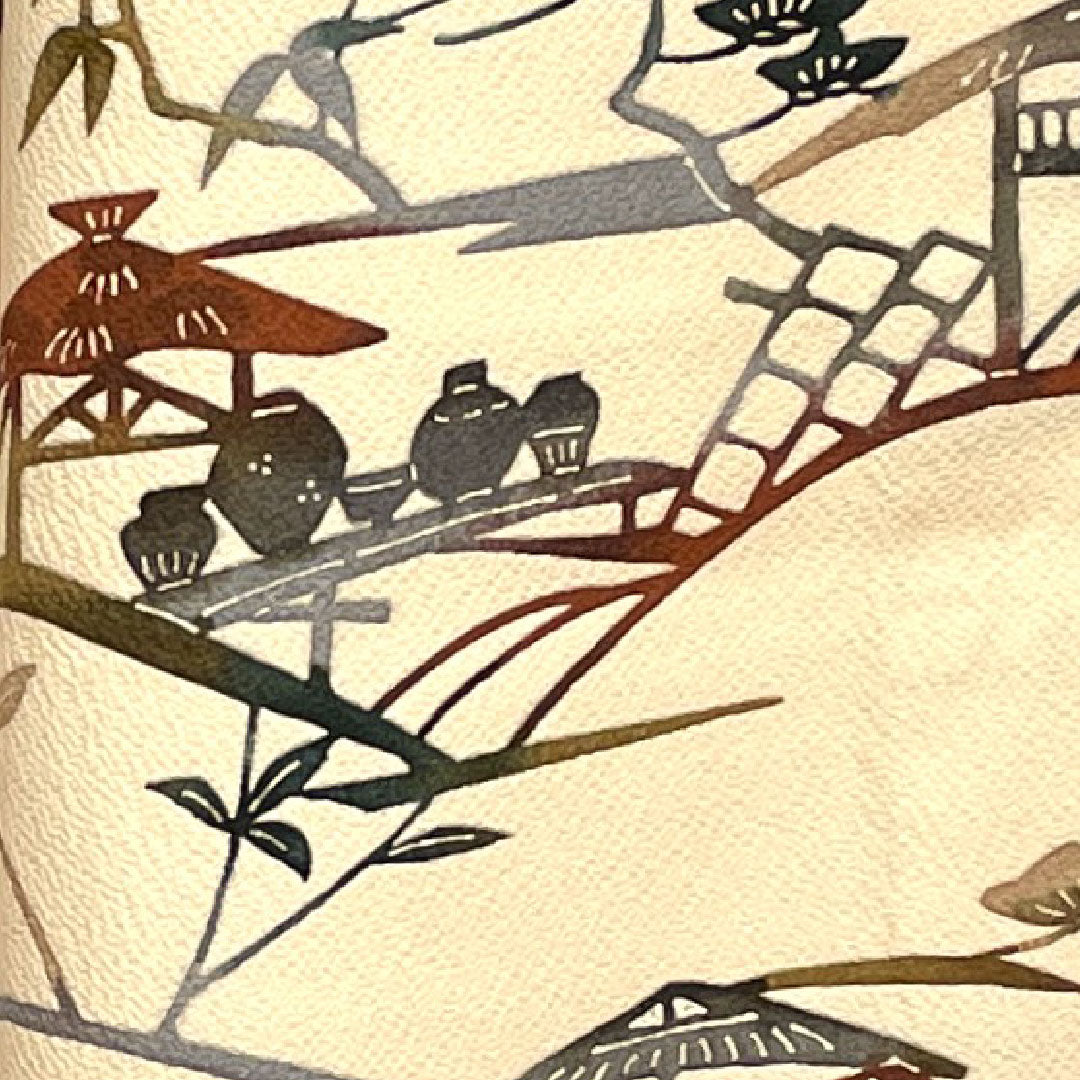Komon, Length 165.5cm, Sleeve length 66cm, Awase, Washed persimmon color, Stencil dyeing, Landscape pattern, Pure silk, A rank, Pink 1115002093513