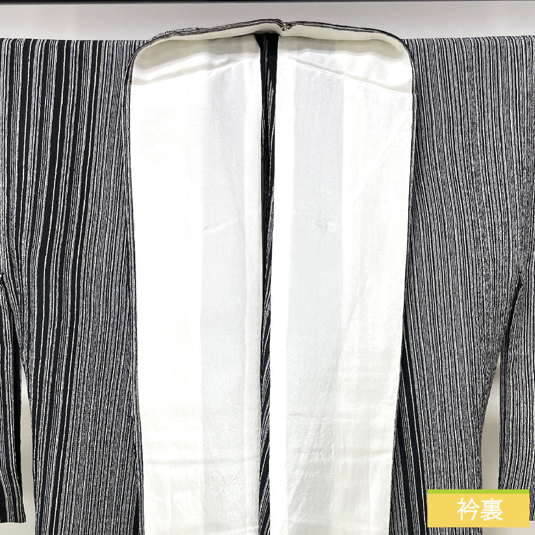紬 正絹 身丈165.5cm 裄丈65cm 縞 Sランク 単衣 モノトーン 1116003692527