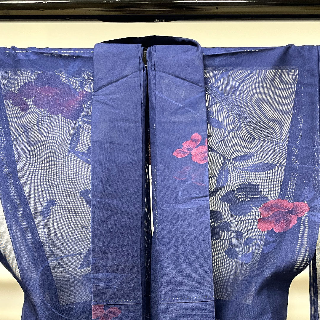 夏物 正絹 小紋 身丈161cm 裄丈64.5cm 濃紺色(のうこんいろ)椿 紗 Sランク 紺系 1132001182418