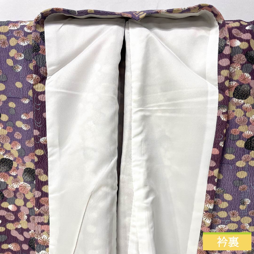 小紋 ポリエステル 身丈161.5cm 裄丈66cm 袷 蒲萄色(えびいろ) 古代紫色(こだいむらさきいろ) 型染 抽象柄 洗える着物 Aランク 紫系 1115005543420