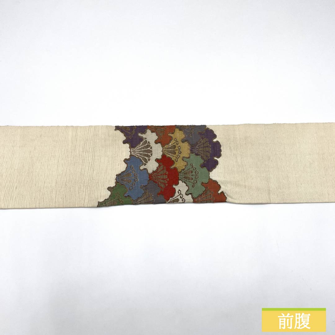 Nagoya obi, natural color (kinariiro), pongee fabric, Yukiwa Seigaiha pattern, obi length 351cm, pure silk, S rank, point pattern, casual, cream color, 1124008212315, Nagoya style