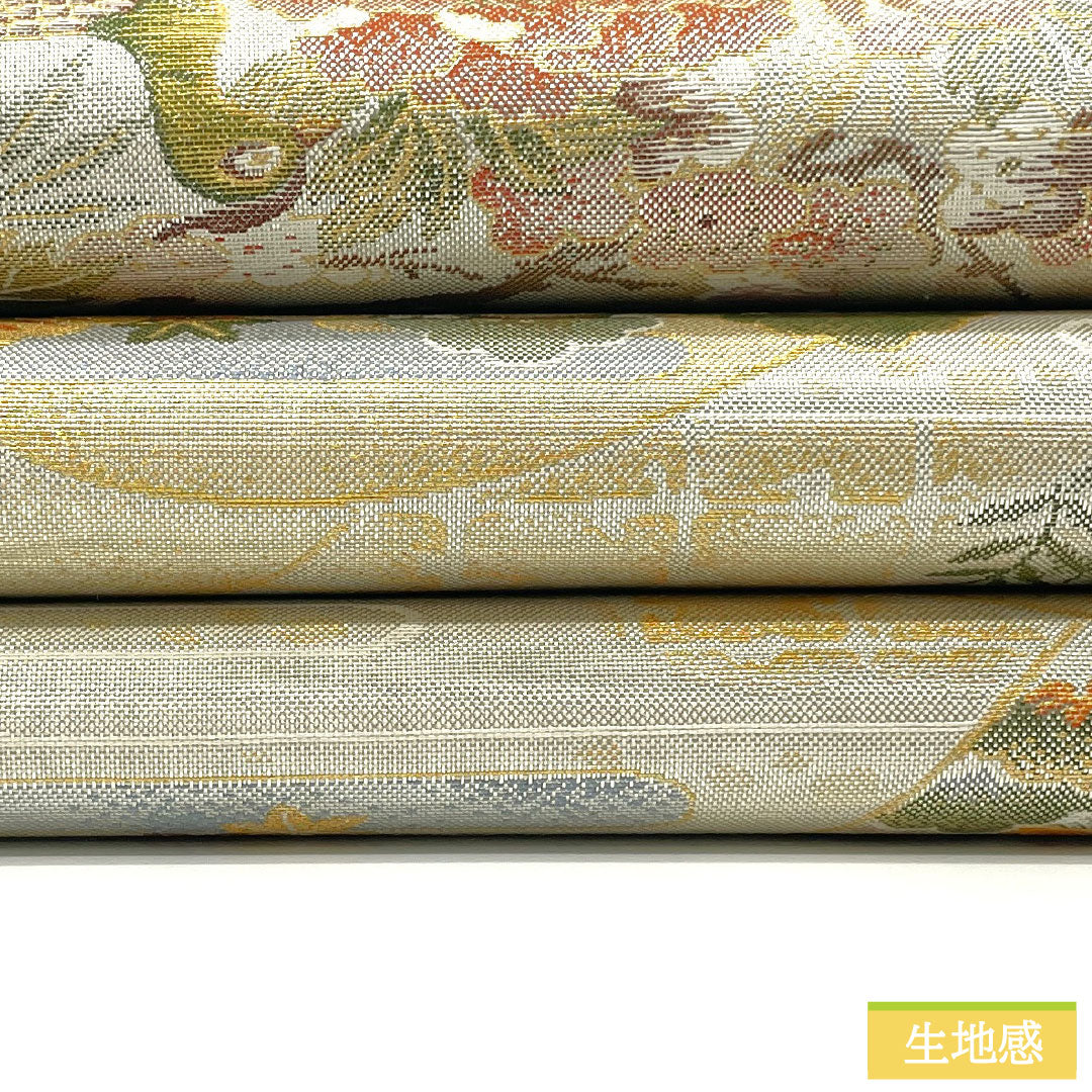 Nishijin-ori Silk Fukuro Obi (Sash), Grade A, with a Fan and Auspicious Design, Length 434cm, Six-Ply, Formal, Silver, Product Number: 1123016173322