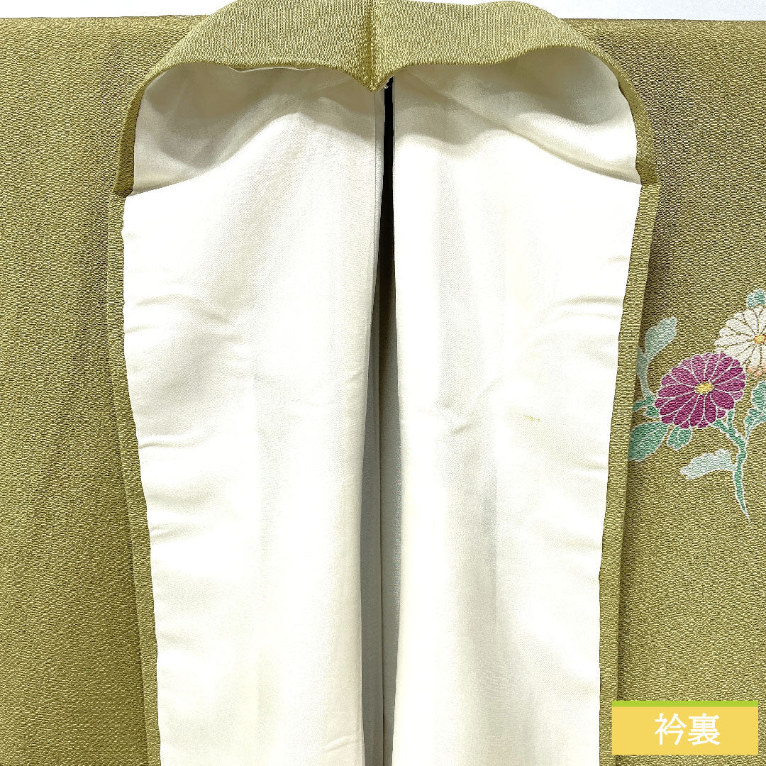 訪問着 正絹 袷 身丈155.5cm 裄丈67.5cm 唐金色(からかねいろ) 京友禅 ちりめん地 草花模様 Aランク 緑系 1112005953319
