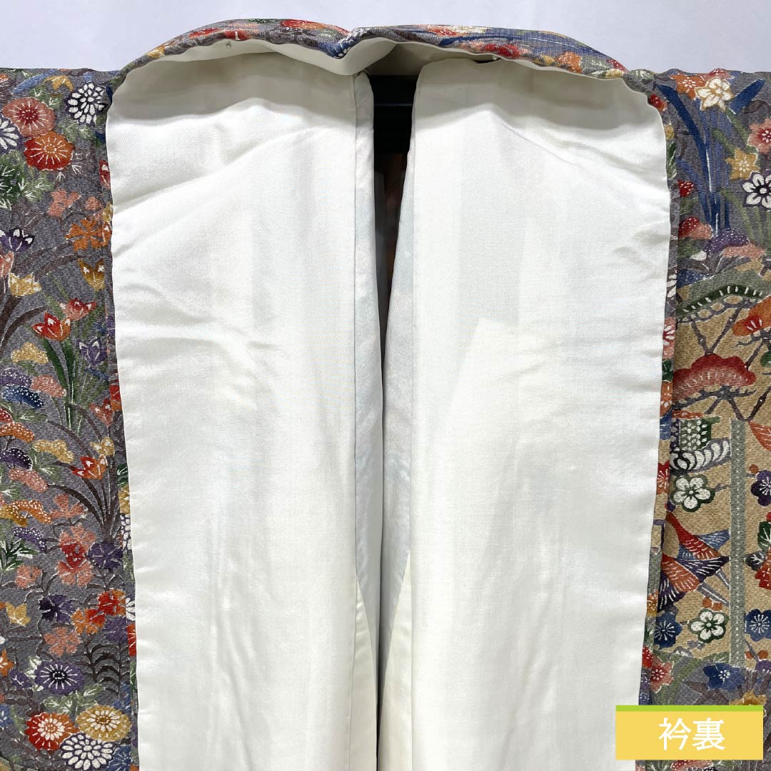 訪問着 正絹 Sランク 袷 身丈157cm 裄丈66.5cm 灰紫色(はいむらさきいろ) 青柳鼠色(あおやぎねずいろ) 型染 西岡都巳二 作家物 古典柄 マルチカラー 1112007682328