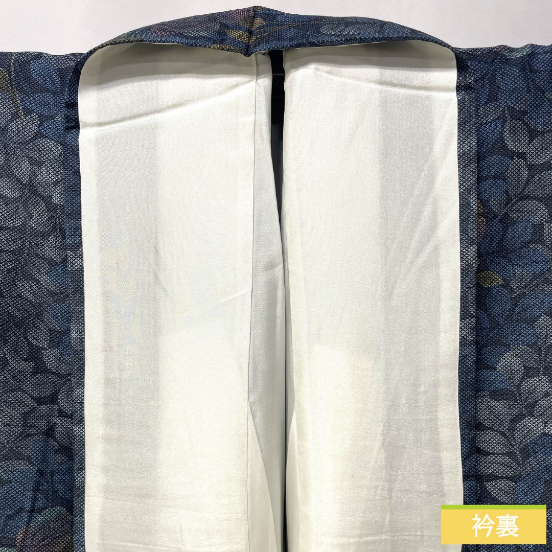 Pure silk tsumugi (pongee) kimono, Grade A, length 171.5cm, sleeve length 68cm, navy blue, rose and leaf motifs, basting thread included, lined, navy blue, product number 1116004373618