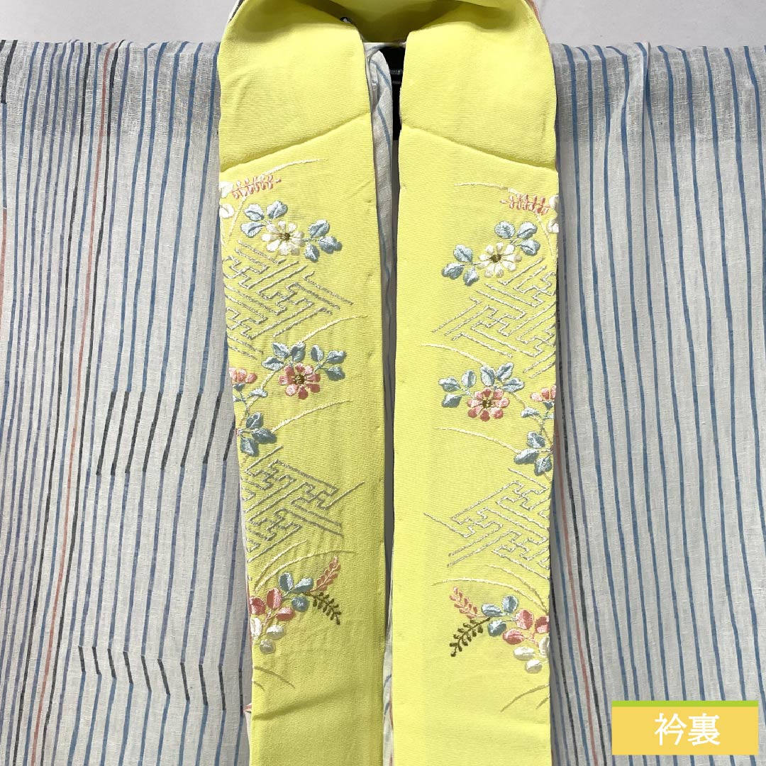 Summer polyester komon kimono, length 157.5cm, sleeve length 64.5cm, striped, washable, embroidered, gauze, S rank, white, 1132002552311