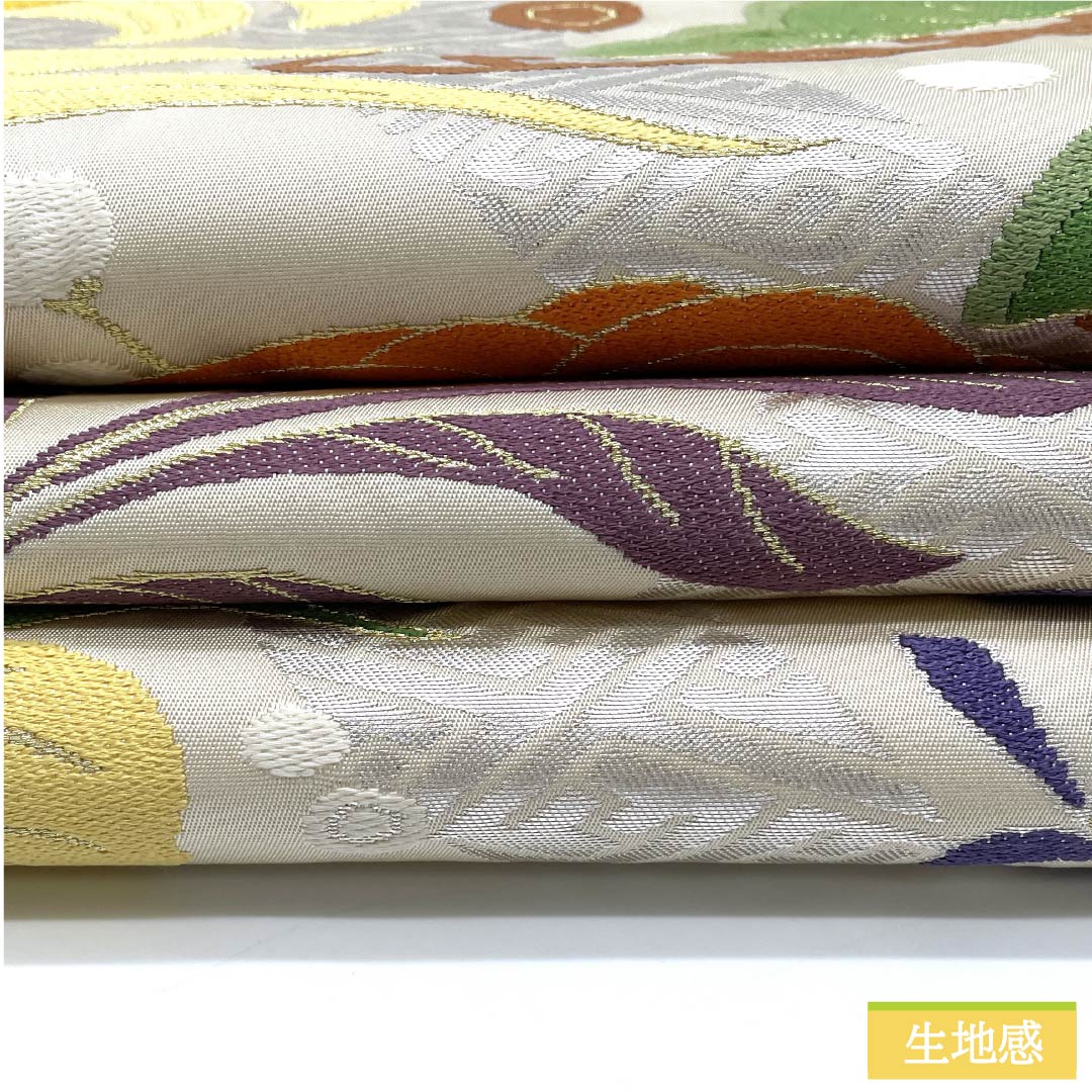 Fukuro Obi, pure silk, off-white, chrysanthemum, pine, Shirayaen Oba, obi length 426cm, A rank, six-pass, formal, cream color, 1123012073315