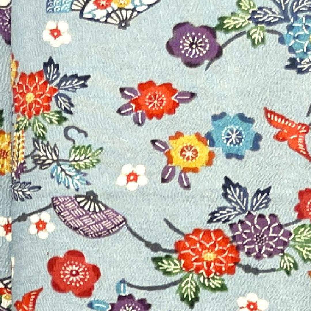 Komon, Length 160cm, Sleeve length 62cm, Lined, Light indigo, Stencil dyeing, Floral pattern, Pure silk, S rank, Blue 1115002742417