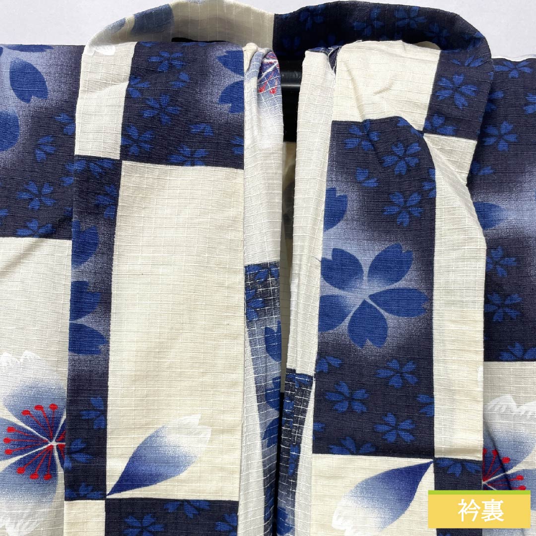Cotton Yukata, Length 162cm, Sleeve Length 69cm, Rank B, Single-Layer, Gradient, Off-White/Dark Navy, Checkered Pattern, Cherry Blossom Design, Product Number: 1118005994499