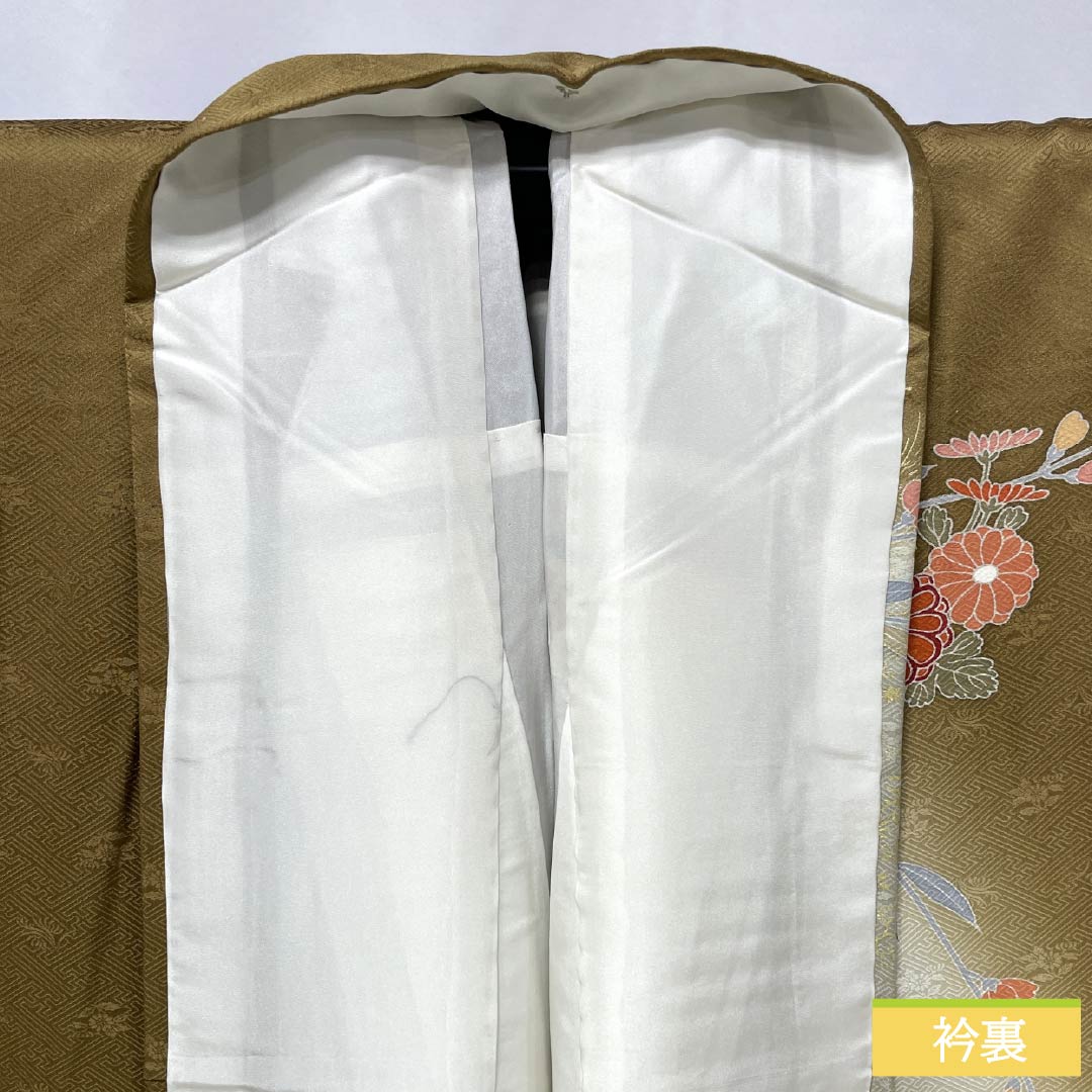 訪問着 正絹 Sランク 袷 身丈169cm 裄丈68cm 糞色(ばばいろ) 京友禅 竹垣 花 橙系 1112006492526