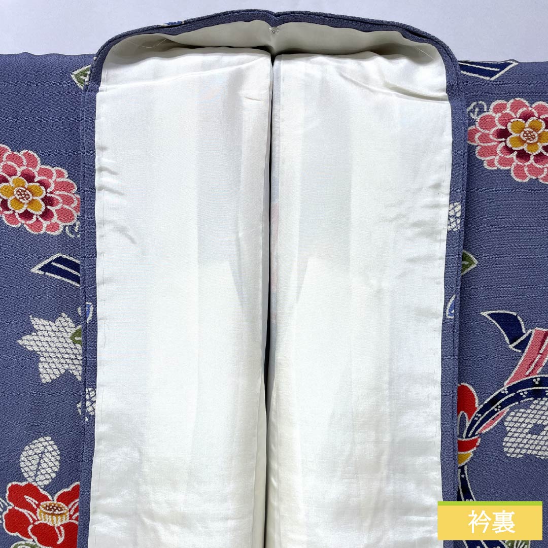 小紋 正絹 身丈152.5cm 裄丈62cm 袷 江戸納戸色(えどなんどいろ) 型染 紅型調 熨斗 椿 Bランク 青系 1115005604217