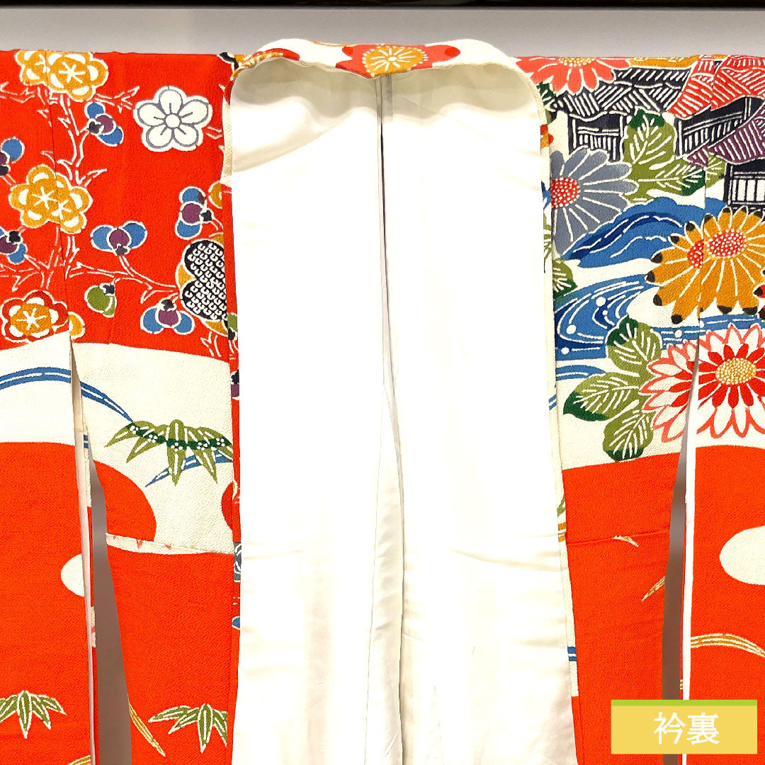 振袖 正絹 身丈163cm 裄丈65.5cm 袷 緋色 京紅型 吉祥文様 Sランク 朱系 1113001922416