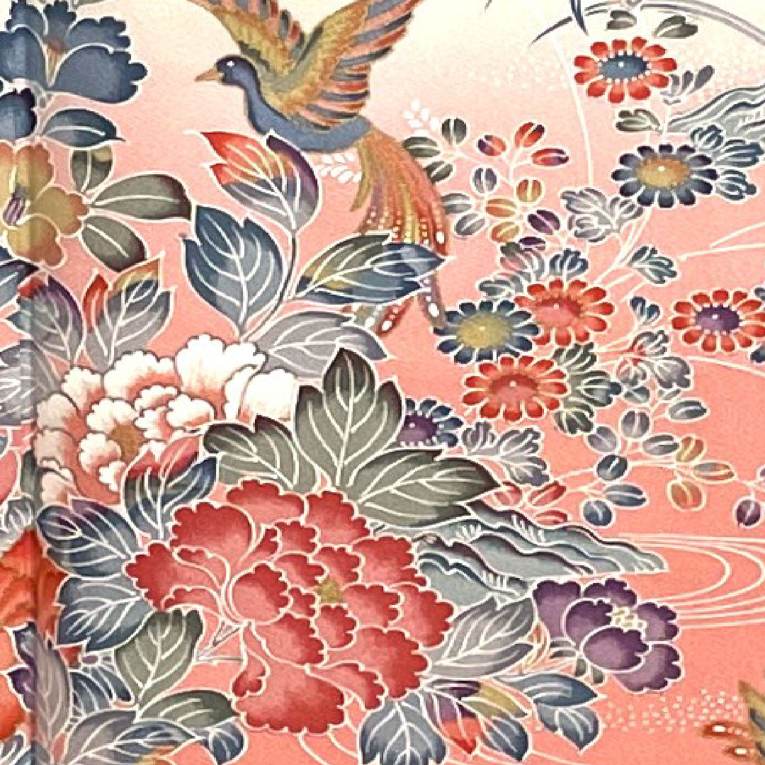 Homongi, lined, length 162.5cm, sleeve length 65cm, single layer plum color, Kyoto Yuzen, floral pattern, pure silk, S rank, pink, 1112001922413