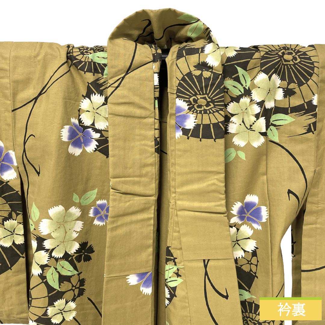 浴衣 木綿 Sランク 身丈162.5cm 裄丈64.5cm 楊梅色(やまももいろ) 山本寛斎 笠 秋桜 単衣 ベージュ系 1118006942425