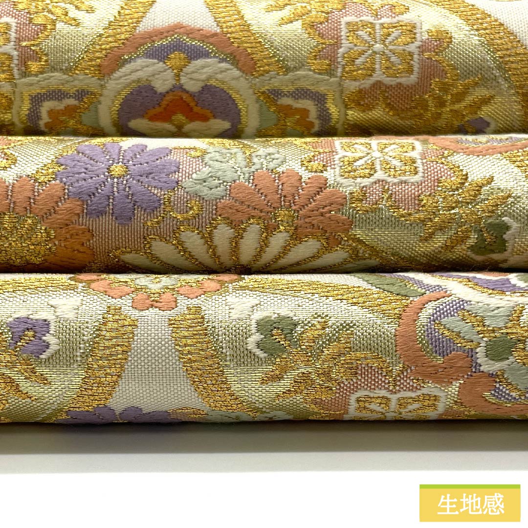 袋帯 正絹 砥粉色 留袖用 振袖用 七宝 華文 帯丈436cm Aランク 六通 フォーマル クリーム系 1123013703315