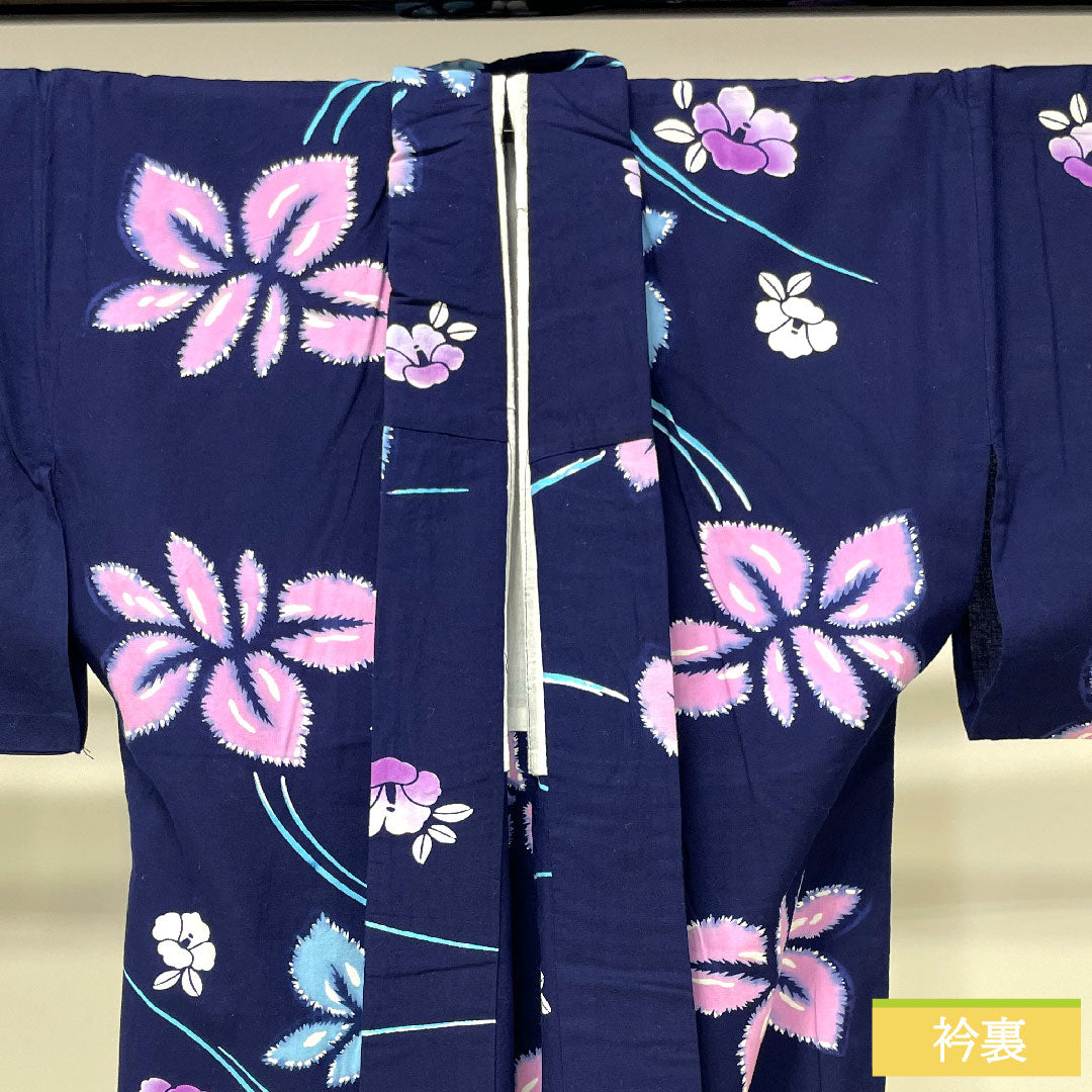 Yukata Cotton Length 156cm Sleeve length 64.5cm S rank Single layer Navy Deep navy Iris Camellia 1118005182318