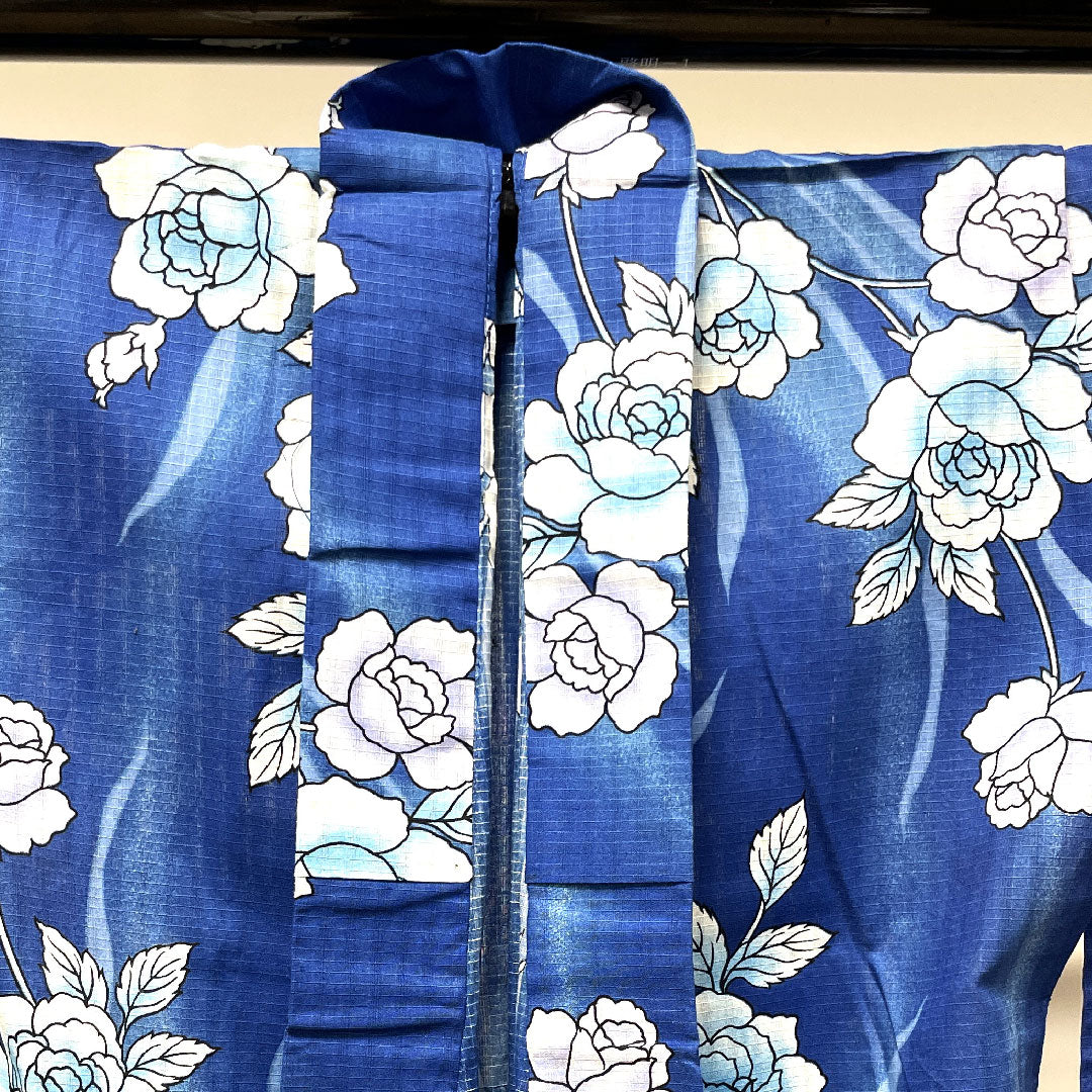 浴衣 しつけ糸付き 未使用品 瑠璃色 薔薇 木綿 Sランク 単衣 身丈164.5cm 裄丈65.5cm 青系 1118002932417