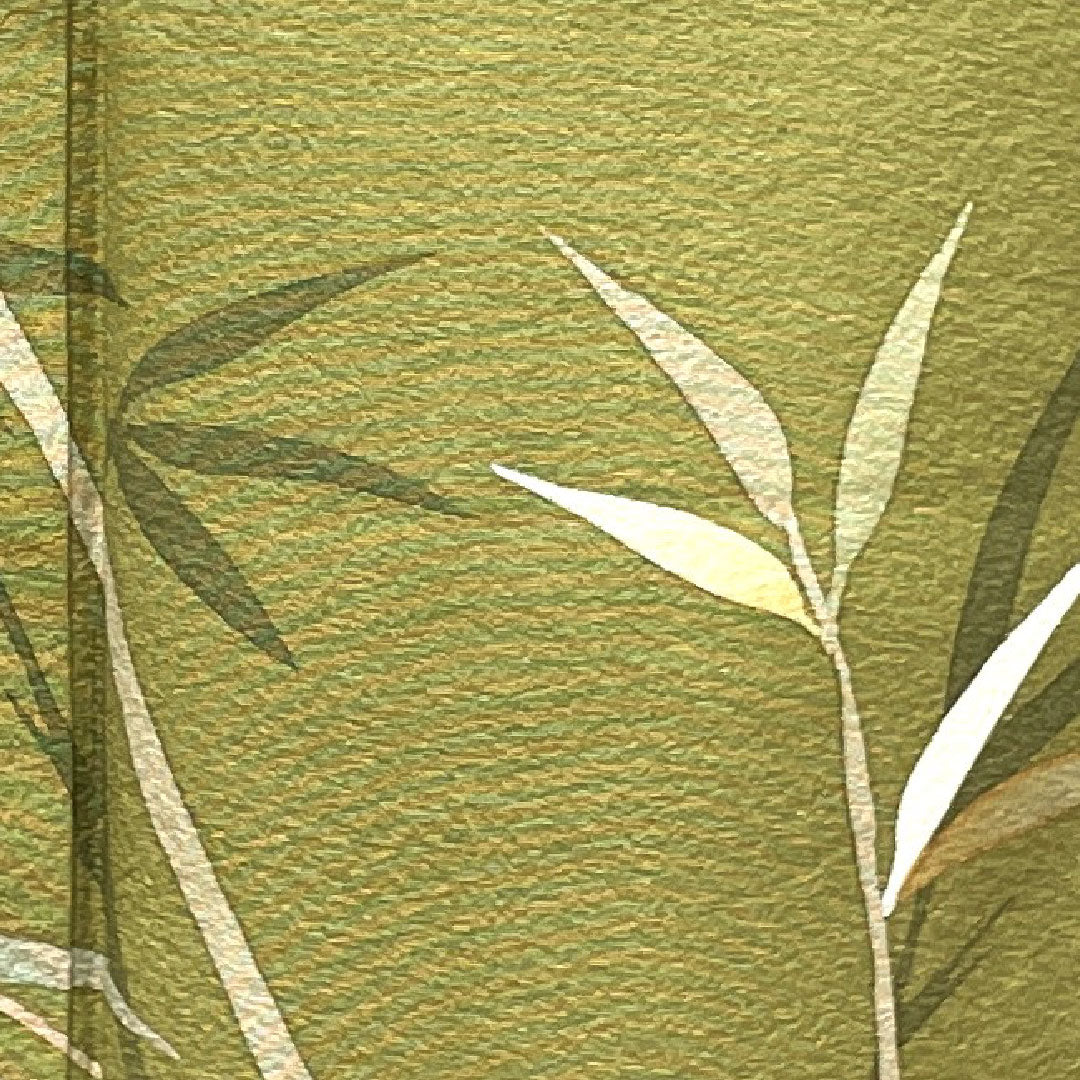 Homongi, lined, length 160.5cm, sleeve length 64cm, unused, with basting thread, dried grass color, Kyoto Yuzen, bamboo grass, pure silk, S rank, green, 1112002272419