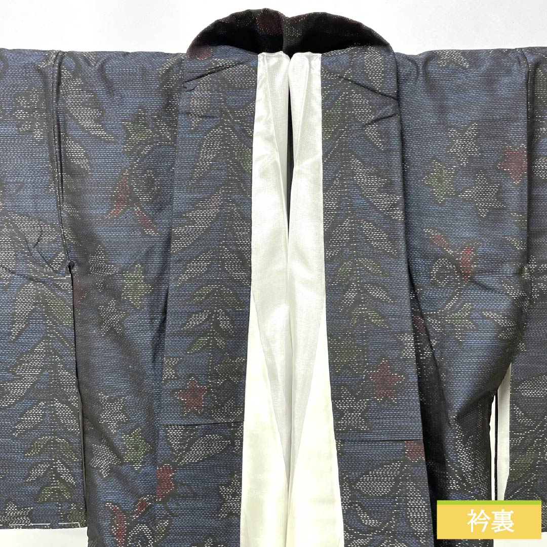 Pure silk tsumugi (pongee) - S rank, length 164.5cm, sleeve length 60.5cm, Oshima tsumugi with a double horizontal kasuri pattern and floral motifs, lined, navy blue, product number 1116004602418