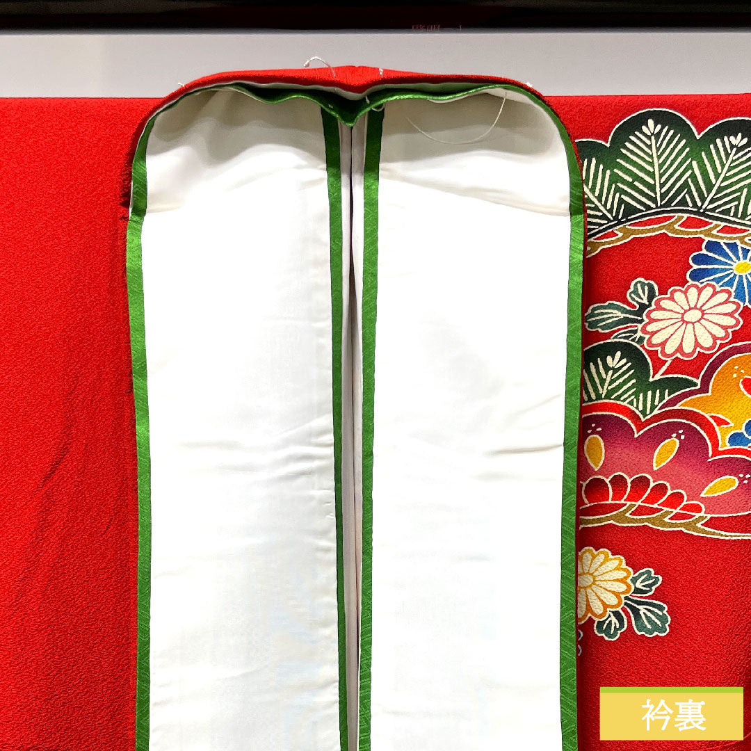 Furisode, pure silk, length 163cm, sleeve length 66.5cm, lined, scarlet, Kyoto Bingata, auspicious motif, S rank, red, 1113001852412