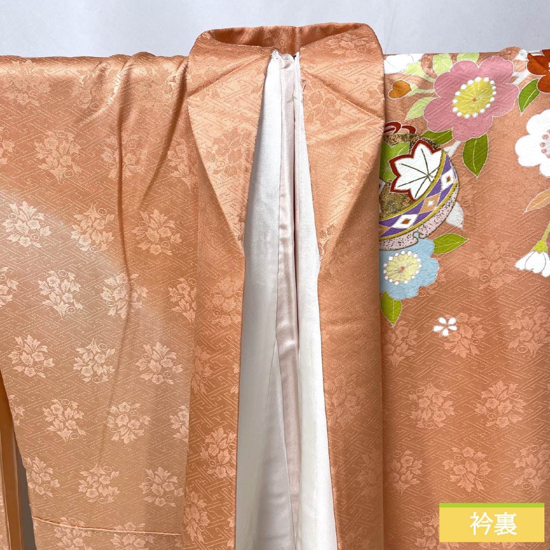 Silk Furisode, S Rank, Length 164.5cm, Sleeve-to-Sleeve 68cm, Lined, Coral Pink, Kyo Yuzen, Auspicious Patterns, Goshoguruma, Tanenoshi, Pearl Tone Processed, Pink Family, 1113002582413
