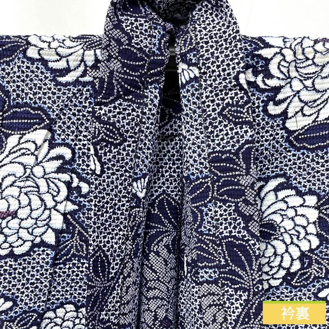 Cotton Yukata, Length 146.5cm, Sleeve Length 60.5cm, S Rank, Single Layer, Navy Blue, Chrysanthemum, Ripple Pattern, 1118006552118