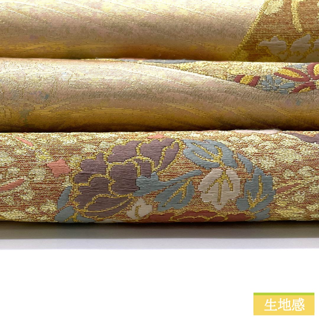 袋帯 正絹 乙女色(おとめいろ) 留袖用 扇面 七宝 宝相華 帯丈442cm Sランク 六通 フォーマル ピンク系 1123013372313