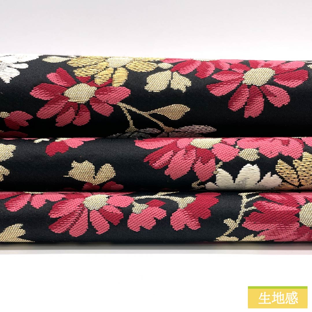 Formal black silk obi for furisode (long-sleeved kimono), floral pattern, 410cm long, S rank, six-fold hem, 1123014102310