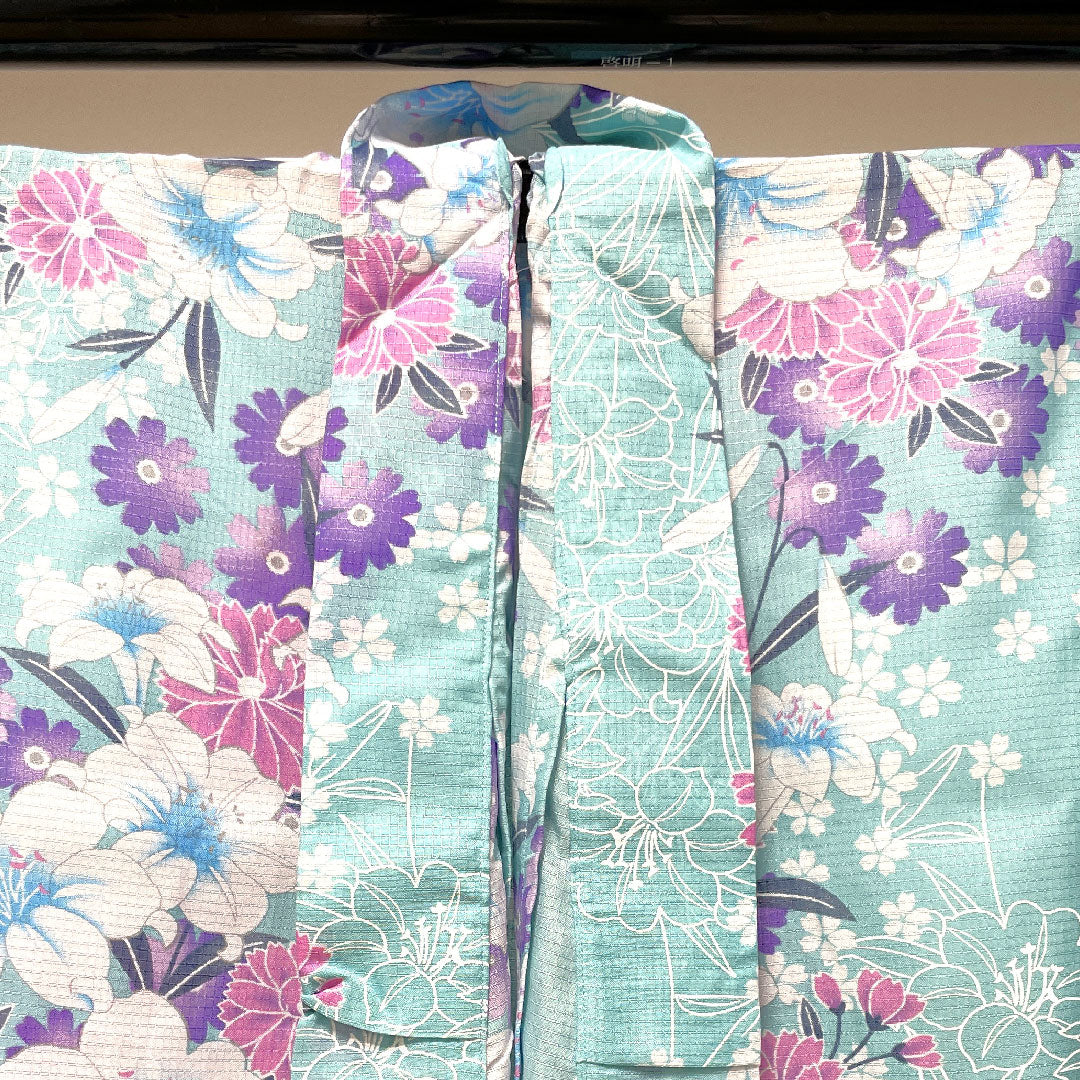 浴衣 水浅葱色 草花模様 ポリエステル Sランク 単衣 身丈162.5cm 裄丈66.5cm 水色系 1118001542424
